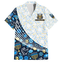 White & navy short-sleeve Hawaiian shirt with menorah, button-front and pointed collar