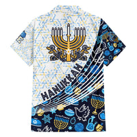 White & navy Hawaiian shirt back with large Hanukkah text, menorah art, button-front collar