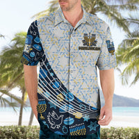 Men's white & navy short-sleeve Hawaiian shirt with menorah and 'HANUKKAH' chest emblem
