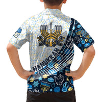 Boys' white & navy Hawaiian shirt back with 'HANUKKAH' lettering and menorah design