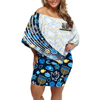 Happy Hanukkah Off Shoulder Short Dress Menorah and Dreidel - Wonder Print Shop