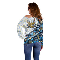 Happy Hanukkah Off Shoulder Sweater Menorah and Dreidel - Wonder Print Shop