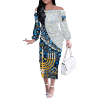 Happy Hanukkah Off The Shoulder Long Sleeve Dress Menorah and Dreidel - Wonder Print Shop