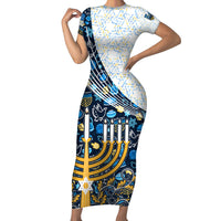 Happy Hanukkah Short Sleeve Bodycon Dress Menorah and Dreidel - Wonder Print Shop