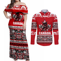 Haida Hockey Canada Couples Matching Off Shoulder Maxi Dress and Long Sleeve Button Shirt Maple Leaf