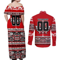 Haida Hockey Canada Couples Matching Off Shoulder Maxi Dress and Long Sleeve Button Shirt Maple Leaf