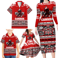 Haida Hockey Canada Family Matching Long Sleeve Bodycon Dress and Hawaiian Shirt Maple Leaf