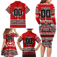 Haida Hockey Canada Family Matching Long Sleeve Bodycon Dress and Hawaiian Shirt Maple Leaf