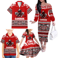 Haida Hockey Canada Family Matching Off The Shoulder Long Sleeve Dress and Hawaiian Shirt Maple Leaf