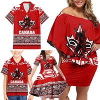 Haida Hockey Canada Family Matching Off Shoulder Short Dress and Hawaiian Shirt Maple Leaf