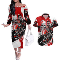 Canada Hockey Skull Life and Death Couples Matching Off The Shoulder Long Sleeve Dress and Hawaiian Shirt