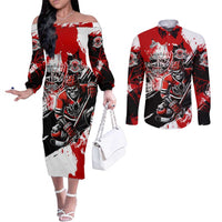Canada Hockey Skull Life and Death Couples Matching Off The Shoulder Long Sleeve Dress and Long Sleeve Button Shirt