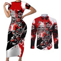 Canada Hockey Skull Life and Death Couples Matching Short Sleeve Bodycon Dress and Long Sleeve Button Shirt