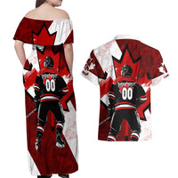 Personalized Canada Hockey Warrior Couples Matching Off Shoulder Maxi Dress and Hawaiian Shirt Bold Maple Leaf Sports Art