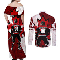 Personalized Canada Hockey Warrior Couples Matching Off Shoulder Maxi Dress and Long Sleeve Button Shirt Bold Maple Leaf Sports Art