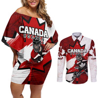 Personalized Canada Hockey Warrior Couples Matching Off Shoulder Short Dress and Long Sleeve Button Shirt Bold Maple Leaf Sports Art