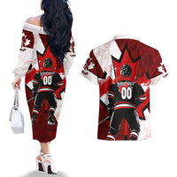Personalized Canada Hockey Warrior Couples Matching Off The Shoulder Long Sleeve Dress and Hawaiian Shirt Bold Maple Leaf Sports Art