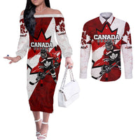 Personalized Canada Hockey Warrior Couples Matching Off The Shoulder Long Sleeve Dress and Long Sleeve Button Shirt Bold Maple Leaf Sports Art