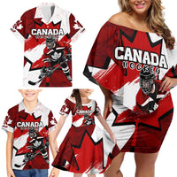 Personalized Canada Hockey Warrior Family Matching Off Shoulder Short Dress and Hawaiian Shirt Bold Maple Leaf Sports Art