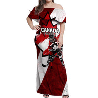 Personalized Canada Hockey Warrior Off Shoulder Maxi Dress Bold Maple Leaf Sports Art