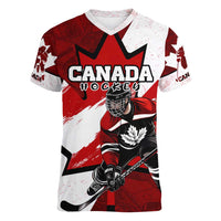 Personalized Canada Hockey Warrior Women V-Neck T-Shirt Bold Maple Leaf Sports Art