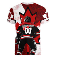 Personalized Canada Hockey Warrior Women V-Neck T-Shirt Bold Maple Leaf Sports Art