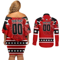 Personalized Champions Canada Hockey Couples Matching Off Shoulder Short Dress and Long Sleeve Button Shirt Fierce Beaver on Ice