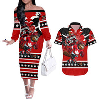 Personalized Champions Canada Hockey Couples Matching Off The Shoulder Long Sleeve Dress and Hawaiian Shirt Fierce Beaver on Ice