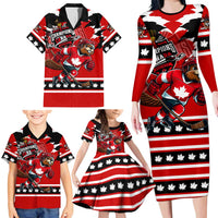 Personalized Champions Canada Hockey Family Matching Long Sleeve Bodycon Dress and Hawaiian Shirt Fierce Beaver on Ice