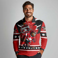 Personalized Champions Canada Hockey Long Sleeve Polo Shirt Fierce Beaver on Ice