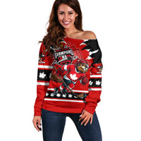 Personalized Champions Canada Hockey Off Shoulder Sweater Fierce Beaver on Ice