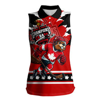 Personalized Champions Canada Hockey Women Sleeveless Polo Shirt Fierce Beaver on Ice