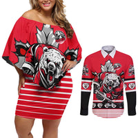 Personalized Polar Bear Hockey Canada Couples Matching Off Shoulder Short Dress and Long Sleeve Button Shirt Maple Leaf Ice Warrior
