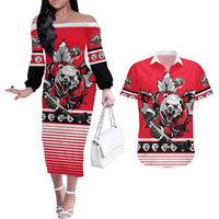 Personalized Polar Bear Hockey Canada Couples Matching Off The Shoulder Long Sleeve Dress and Hawaiian Shirt Maple Leaf Ice Warrior