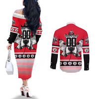 Personalized Polar Bear Hockey Canada Couples Matching Off The Shoulder Long Sleeve Dress and Long Sleeve Button Shirt Maple Leaf Ice Warrior
