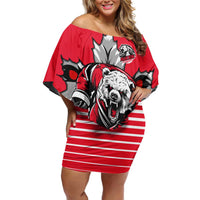 Personalized Polar Bear Hockey Canada Family Matching Off Shoulder Short Dress and Hawaiian Shirt Maple Leaf Ice Warrior