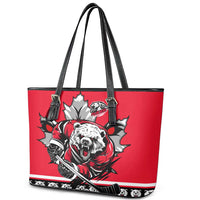 Polar Bear Hockey Canada Leather Tote Bag Maple Leaf Ice Warrior