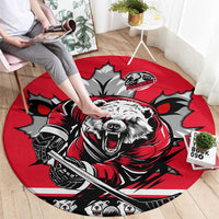 Polar Bear Hockey Canada Round Carpet Maple Leaf Ice Warrior