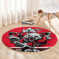 Polar Bear Hockey Canada Round Carpet Maple Leaf Ice Warrior