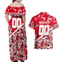 Personalized Canada Hockey Helmet Couples Matching Off Shoulder Maxi Dress and Hawaiian Shirt Maple Leaf Pattern