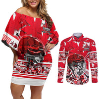 Personalized Canada Hockey Helmet Couples Matching Off Shoulder Short Dress and Long Sleeve Button Shirt Maple Leaf Pattern