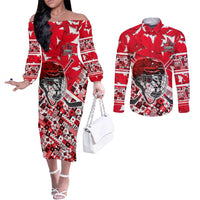 Personalized Canada Hockey Helmet Couples Matching Off The Shoulder Long Sleeve Dress and Long Sleeve Button Shirt Maple Leaf Pattern