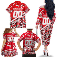 Personalized Canada Hockey Helmet Family Matching Off The Shoulder Long Sleeve Dress and Hawaiian Shirt Maple Leaf Pattern