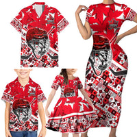 Personalized Canada Hockey Helmet Family Matching Short Sleeve Bodycon Dress and Hawaiian Shirt Maple Leaf Pattern