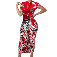 Personalized Canada Hockey Helmet Family Matching Short Sleeve Bodycon Dress and Hawaiian Shirt Maple Leaf Pattern