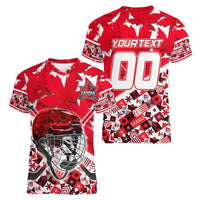 Personalized Canada Hockey Helmet Women V-Neck T-Shirt Maple Leaf Pattern