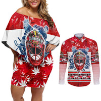 Personalized Canada Elite Hockey Couples Matching Off Shoulder Short Dress and Long Sleeve Button Shirt Champions Spirit