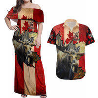 Personalized Canada Moose Couples Matching Off Shoulder Maxi Dress and Hawaiian Shirt Canadian Flag Maple Leaf Vintage