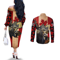 Personalized Canada Moose Couples Matching Off The Shoulder Long Sleeve Dress and Long Sleeve Button Shirt Canadian Flag Maple Leaf Vintage