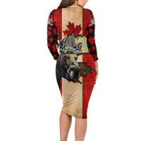 Personalized Canada Moose Family Matching Long Sleeve Bodycon Dress and Hawaiian Shirt Canadian Flag Maple Leaf Vintage